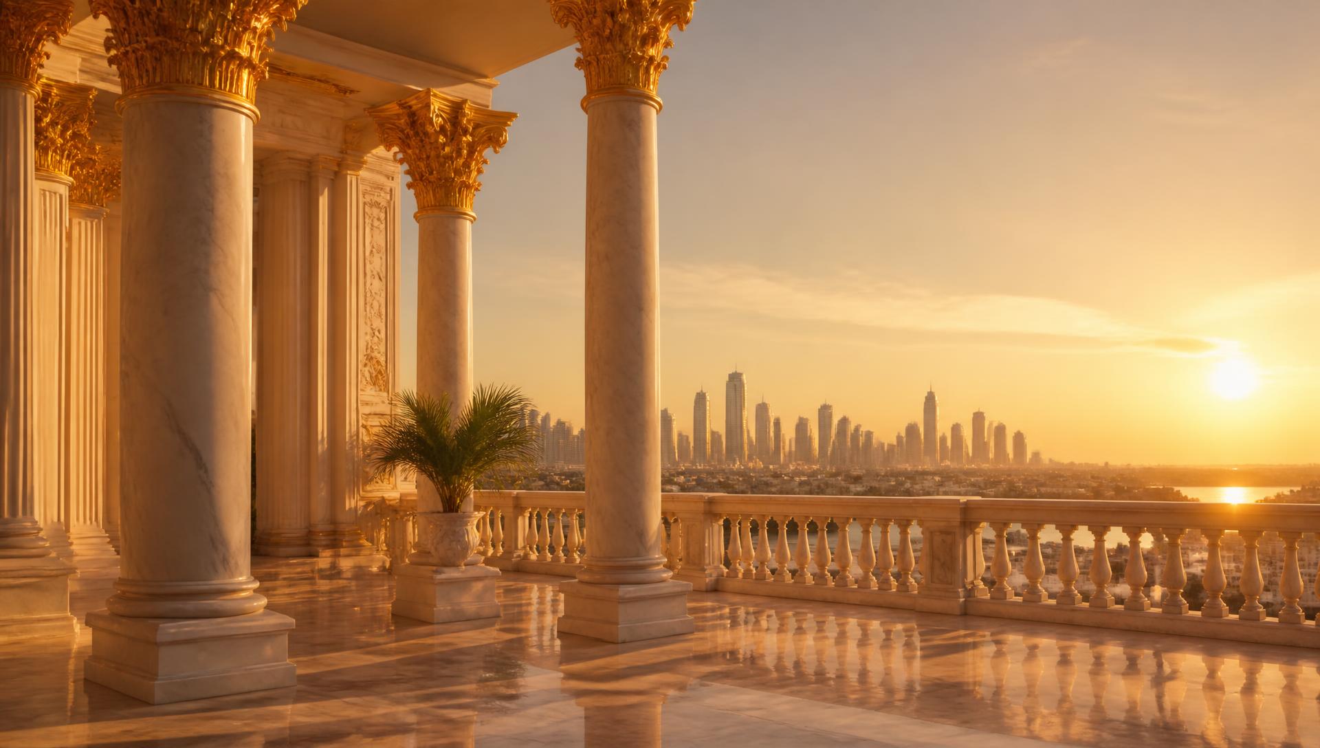 A golden-hour city skyline rising behind classical palace architecture